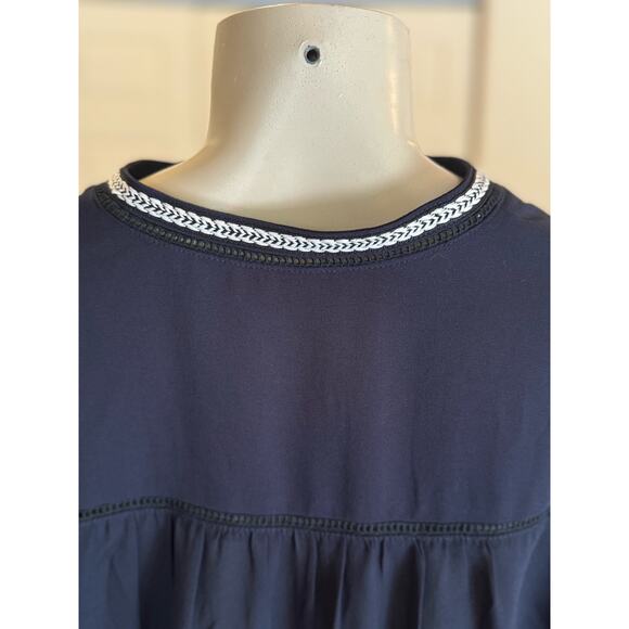 Greylin Split Neck Long Sleeve Crochet Trim Hook & Eye Chiffon Blouse Navy - Picture 5 of 7